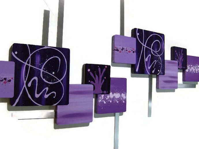 Contemporary Purple Square Wall Sculpture, wood metal wall art- Violette  53x25