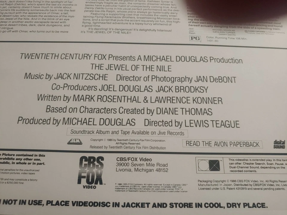 The Jewel Of The Nile Vintage Laserdisc LD Video Movie Danny DeVito VG Cond Foto 3 de 3