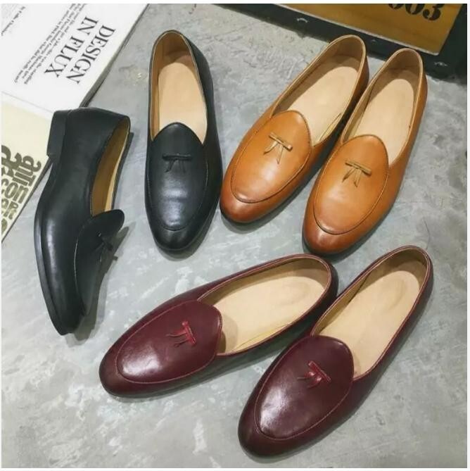 Slip on Belgian Dress Shoes Mens Leather Flats With Bowtie Loafers Driving Boat