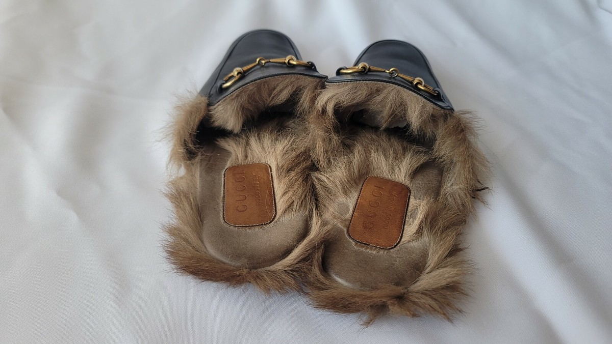 Gucci Men's Princetown Leather With Lamb Fur Mules Size 8 Black