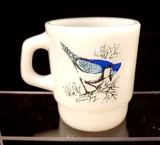 Vtg White Milk Glass Anchor Hocking Fire King Bird Blue Jay Chickadee Coffee Mug