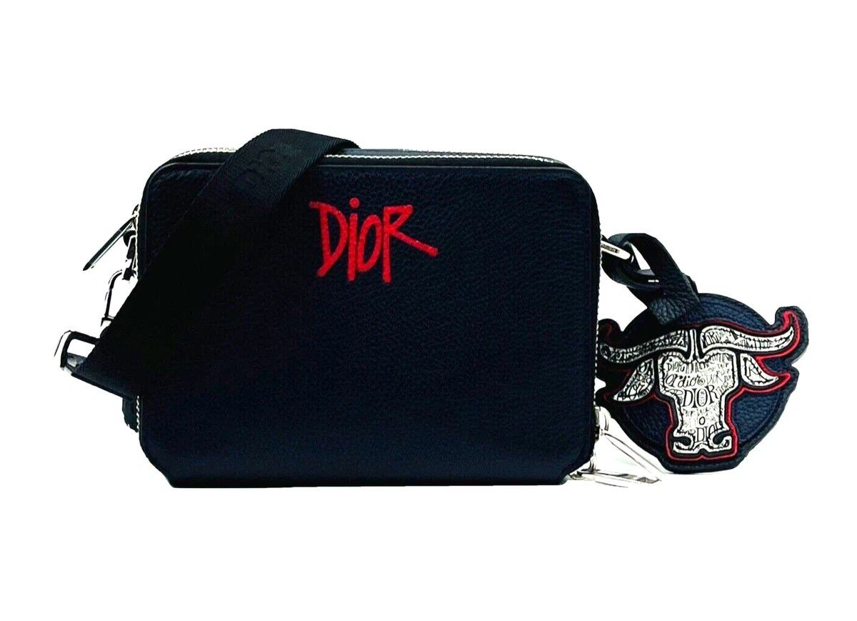 DIOR X SHAWN STUSSY Grained Calfskin Double Zip Crossbody Bag in Dark Blue