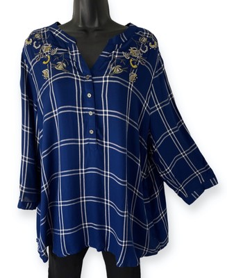 Tantrums Top Womens XL Blue Embroidered Beaded V Neck Window Pane Relaxed Tunic