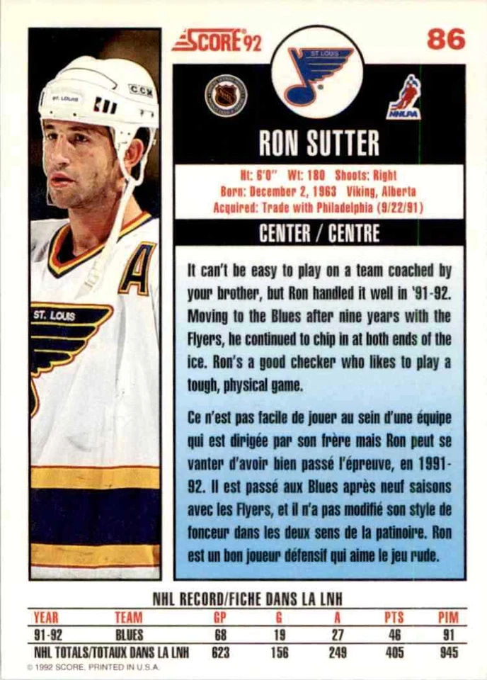 1992-93 Score Canadian Ron Sutter #86 - Image 2 of 2
