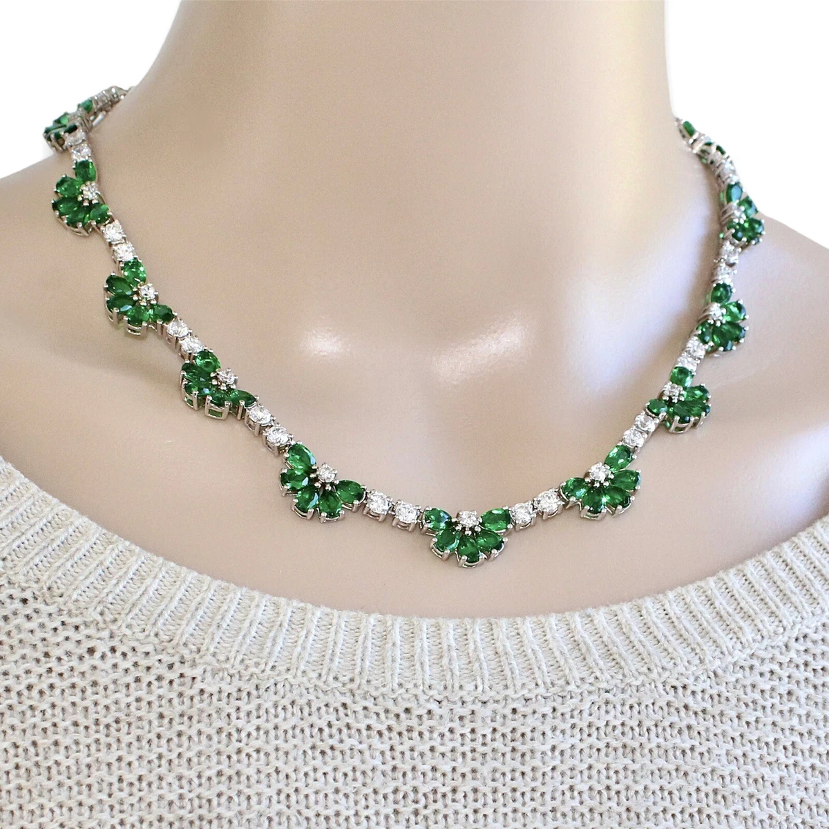 Ross Simons Simulated Emerald and White Cubic Zirconia Sterling Silver Necklace