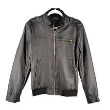 AOWO7S Men Slim Bomber Jacket Faux Leather Size SMALL Regular Black Full Zip