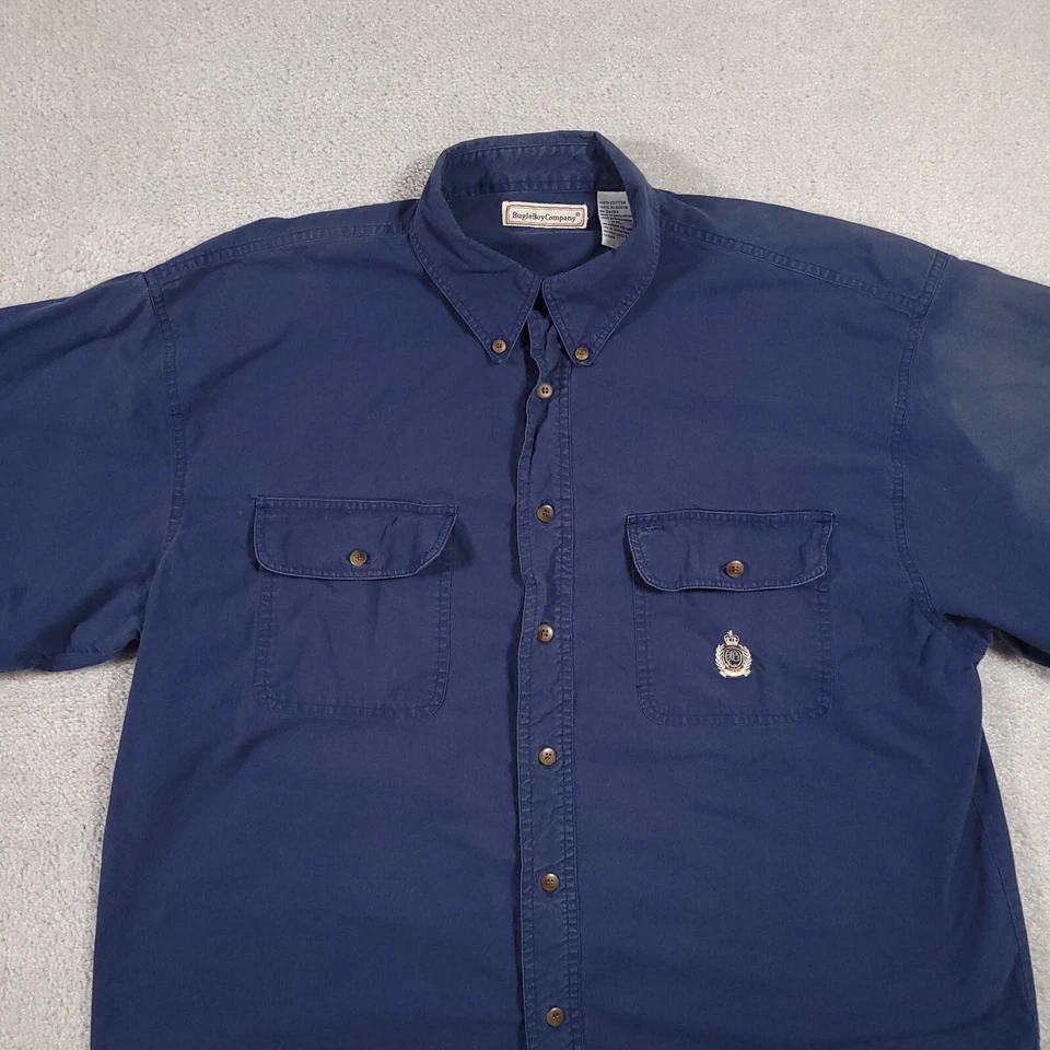 Camisa De Colección Años 80 90 Bugle Boy Company Azul Marino Abotonada Para Hombres XXL Cresta Logo Foto 3 de 4