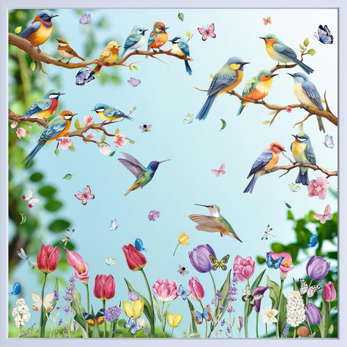 Fensterbilder Frühling Deko Selbstklebend, Vogel Blumen Aufkleber Fenster Fenste - Bild 7 von 12