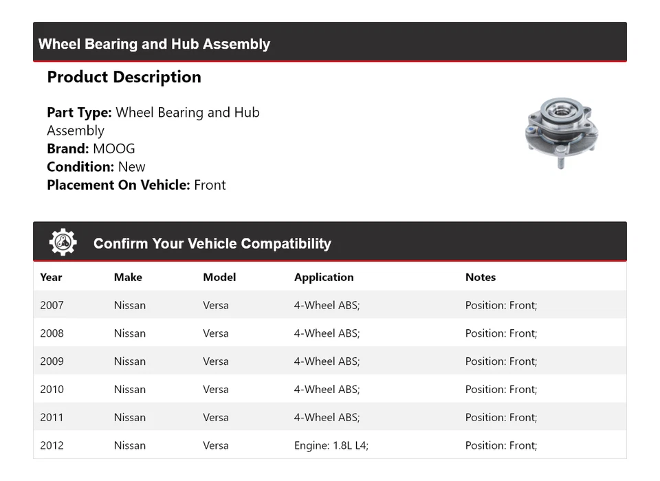 Conjunto de cojinete de rueda y buje delantero MOOG 2007-2012 Nissan Versa 2007-2012 Foto 2 de 4