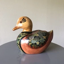 Wooden Hand Painted Duck Flowers Folk Art Style Vintage Artisan Bead Eyes