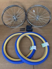 20 Bike Heavy Duty Steel Rim Wheels Set Chrome 2.125 Tires Blue Gum Wall Bmx