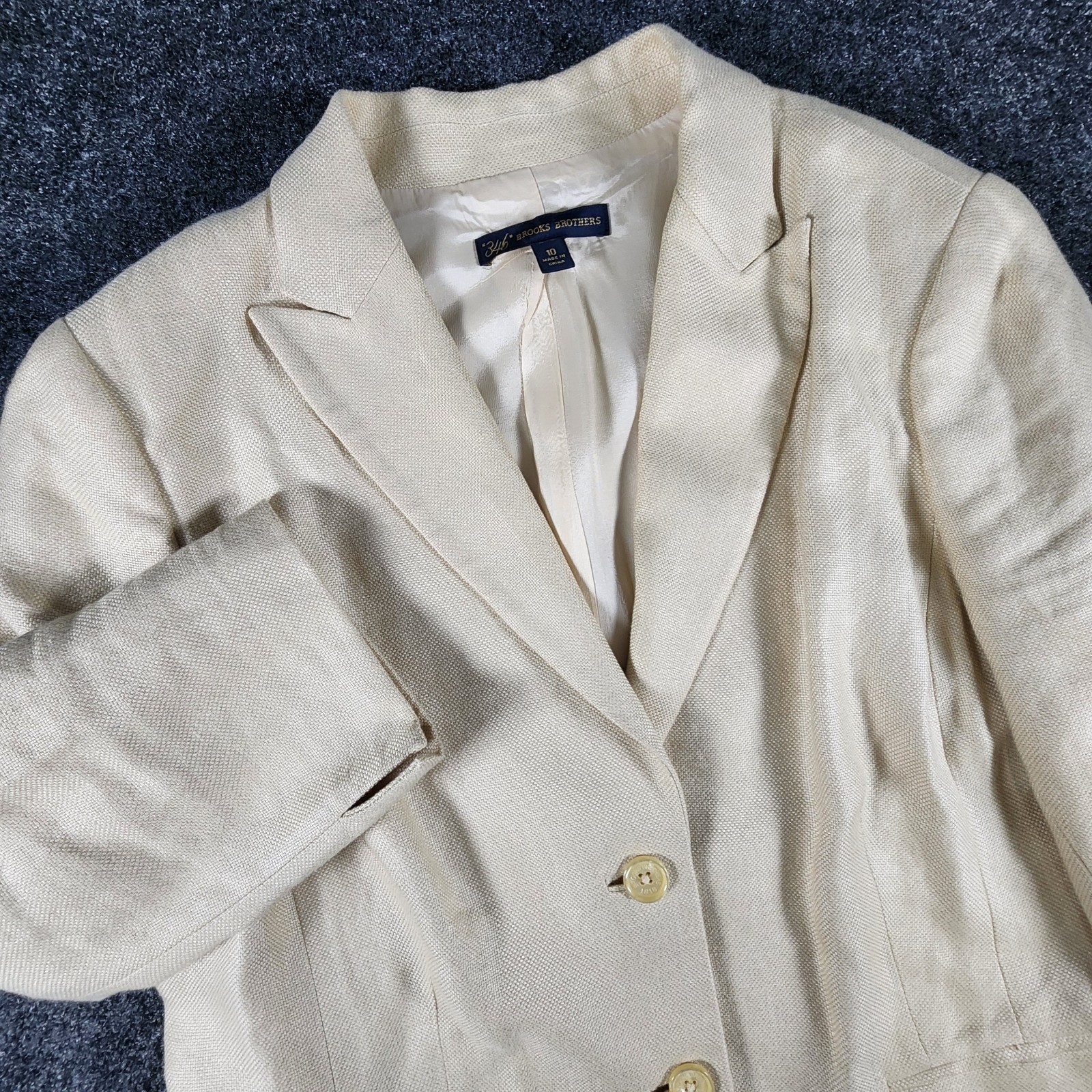 Brooks Brothers 346 Jacket Blazer Women's 10 Beige Linen Rayon Peak Lapel