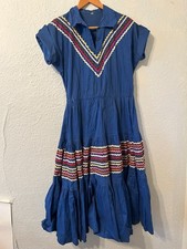 Vintage 50 s Women s L Blue Ric Rac Western Patio Dress Cowgirl Square Dance