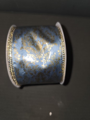 Blue Gold Metallic Wired Ribbon Spool Christmas Wreath 20 feet 2 1/2" wide
