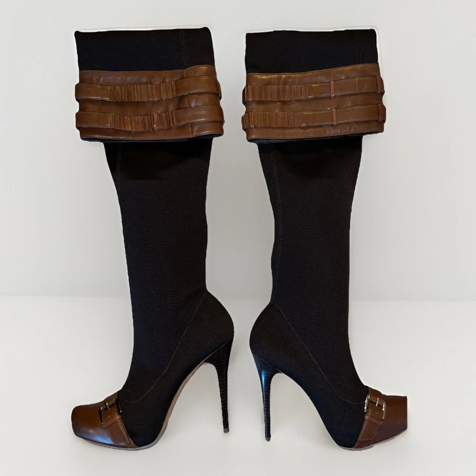 Bota Report Winston Over Knee Cuero Marrón Hebillas Doradas Stiletto Mujer’s 8.5 Foto 3 de 4