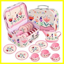 Tea Party Set for Little Girls, 15 Pcs Floral Tea Time Toy