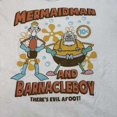 Mad Engine Nickelodeon Spongebob Mermaidman & Barnacle Boy T Shirt Sz: L (STAINS