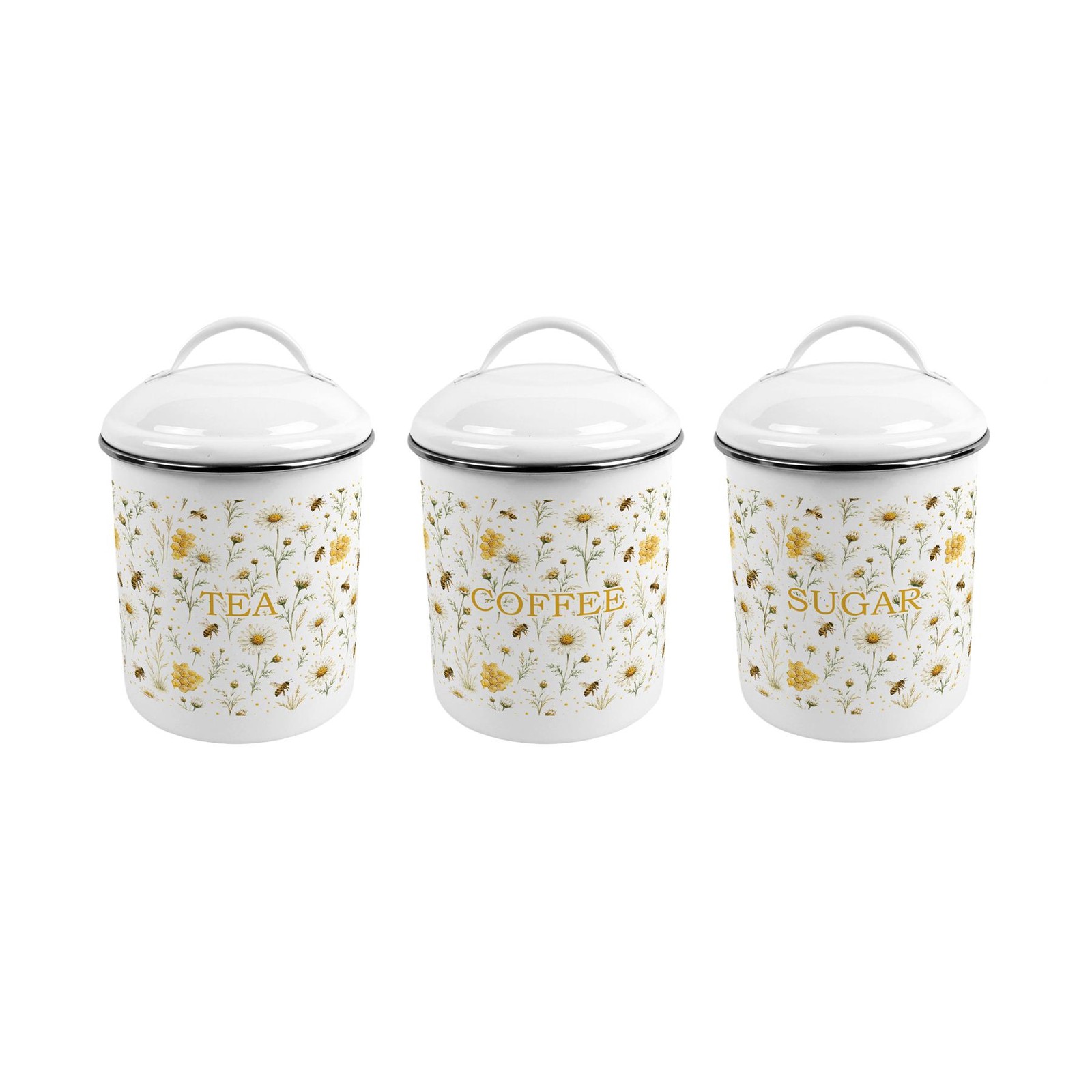 Bee Meadow Tea, Coffee & Sugar Canister Set - Medium Metal Kitchen Storage