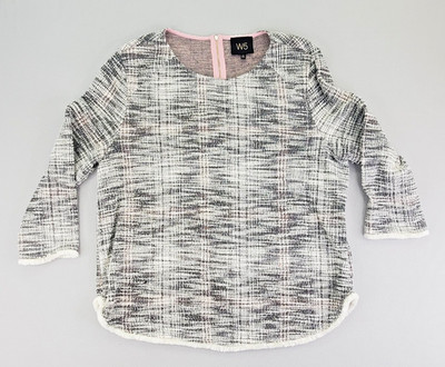 Anthropologie W5 Tweed Top Womens L Black White Woven Boucle 3/4 Sleeve Fringe