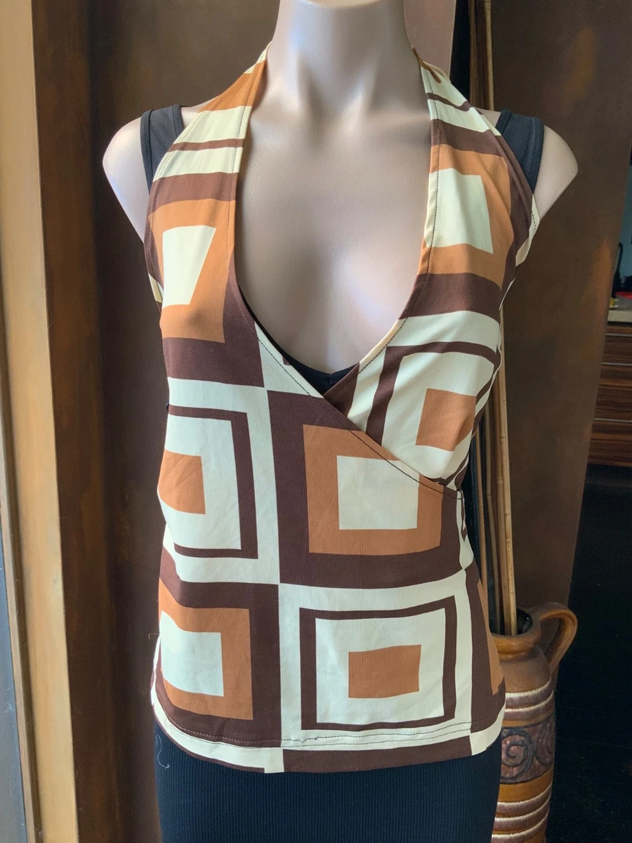 Atelier Y2K Geometric Print Halter Neck Top Size 10 Brown Tan Cream MCM Retro