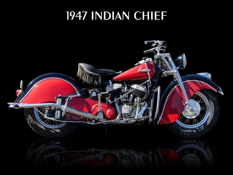 1947 Indian Chief Motorcycle in Red & Black Metal Sign: 18 x