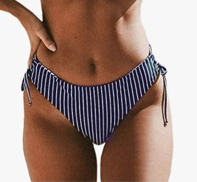 Cupshe Reversible Striped Bikini Bottom, Lace Up Straps, Navy & White, M (4-6)