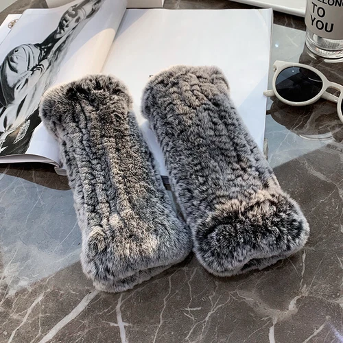 Womens Winter Real Rabbit Fur Gloves Knitted Stretch Fingerless Mitten Gloves - Picture 87 of 102