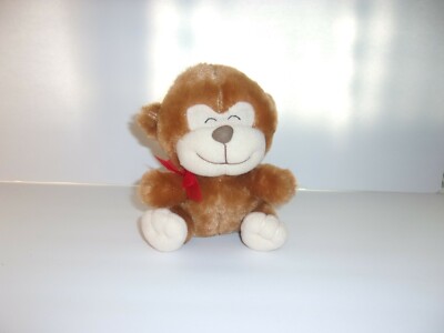 Just for You Megatoys Plush Brown and Tan Monkey Red Ribbon Bow Sewn Eyes 6''