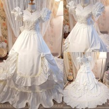 Vintage Wedding Dresses with Train Ruffles Satin Puff Sleeves Bridal Ball Gowns 