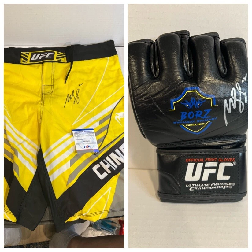 Khamzat Chimaev Autographed Signed Borz UFC Glove/ Yellow Trunks PSA/DNA COA