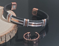 Solid Copper Leather Wrapped Magnetic Bracelet Ring Set Arthritis Therapy Cuff