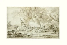 Delicate Old Master Miniature Wash Drawing. Livestock & Figures In Landscape.