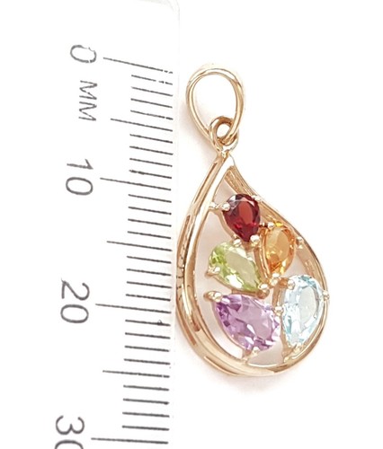 Solid 9ct Gold Rainbow Mixed Gemstones Teardrop Pendant. Topaz. Garnet. 375. 9K - Picture 4 of 8