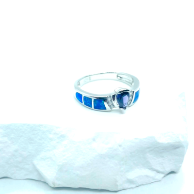 Sterling Silver Blue Synthetic Opal Teardrop Ring