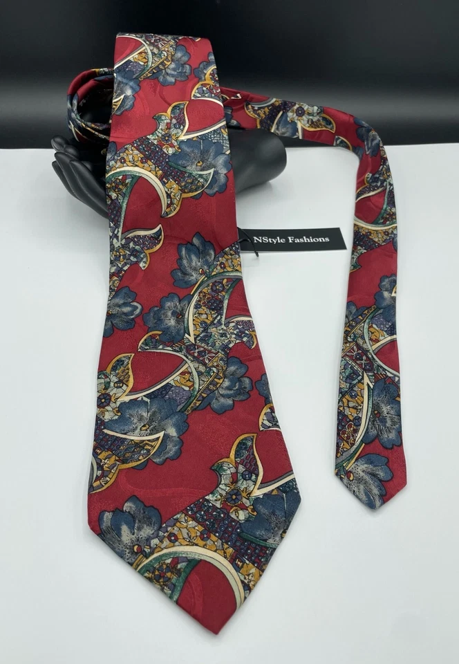 Corbata 100 % seda para hombre Anthony Richards ~ roja ~ floral ~ ¡Hecha en EE. UU.! Foto 2 de 4