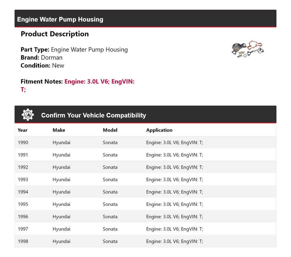 Carcasa bomba de agua motor Dorman V6 3,0 L Hyundai Sonata 1990-1998 1991 1992 Foto 2 de 4