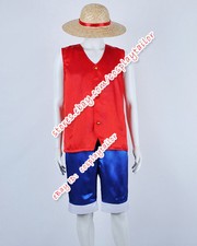 One Piece Cosplay Cos Monkey D Luffy Red Blue Satin Ver Costume T-Shir Outfit