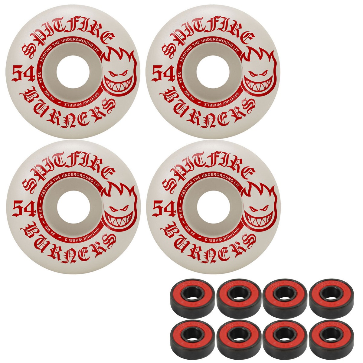 Spitfire Skateboard Wheels Burners 54mm 99A White/Red with