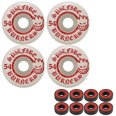Spitfire Skateboard Wheels Burners 54mm 99A White/Red with Abec 5 Bearings