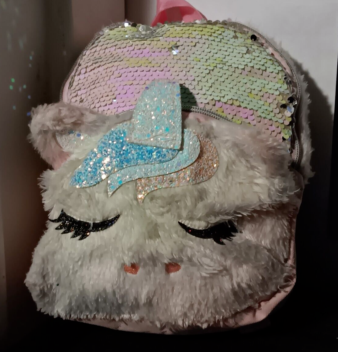 fluffy mini unicorn backpack White Fuzzy Unicorn Mini Backpack Fluffy Girls Bag Sparkle Glitter Accent  Tote
