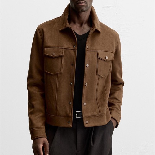 ZARA MAN Tan Faux Leather Suede Jacket Brown Size L Large NWT