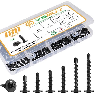180Pcs #8 Sheet Metal Screws Assortment Kit,410 Stainless Steel Self Tapping Scr