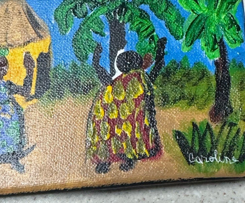 "Lienzo de arte popular africano pintado a mano, escena de pueblo, panel original 12""x4""" Foto 2 de 4