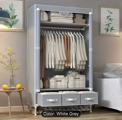 Portable Clothes Closet Rolling Door Wardrobe with Hanging Rack, 3 Drawer Boxes