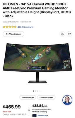HP OMEN 34'' Curved VA WQHD 180Hz Gaming Monitor FreeSync HDMI DP
