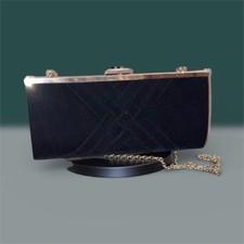 INC Black Velvet Clutch Silver Chain Strap Metal Trim Evening Bag