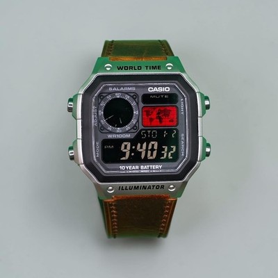CASIO AE-1200WHD. Royale Watch Mod. Leather Band Negative Display. RED World Map