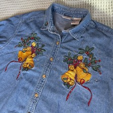 Vintage Bobbie Brooks Ugly Christmas Denim Shirt 14W/16W Embroidered Bells Top