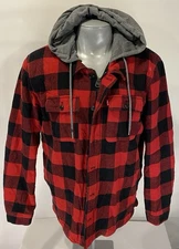 Levis XL Sherpa Lined Flannel Shirt Hoodie Jacket Full Zip Snaps Red Black Heavy