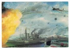 1941 PEARL HARBOR BATTLESHIP ROW ARIZONA EXPLODES DeROSSET ART PAINTING POSTCARD